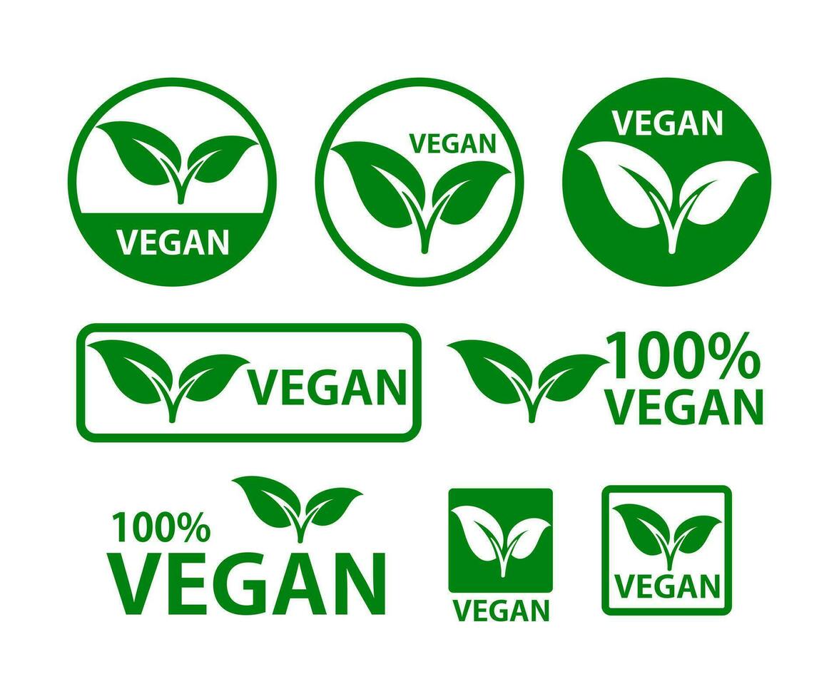 Vector vegan icon set vegan logos and badges, label, green leaf on white background illustration.