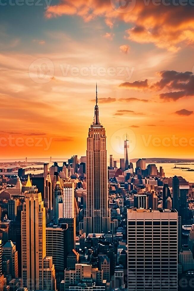 Vibrant panoramic cityscape of New York at sunset with iconic skyscrapers and generous copy space photo