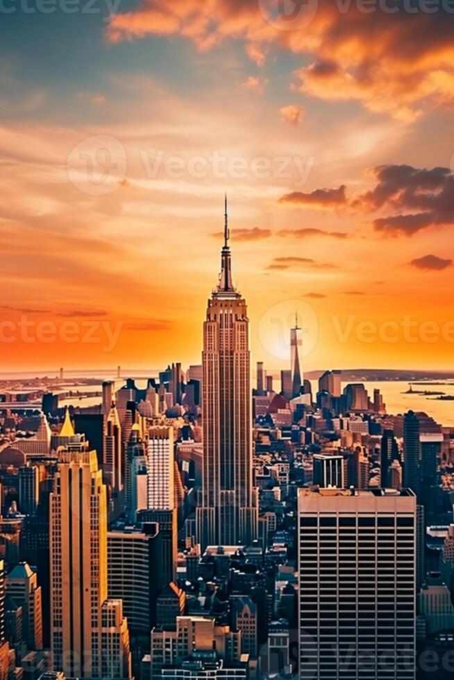 Vibrant panoramic cityscape of New York at sunset with iconic skyscrapers and generous copy space AI Generative photo