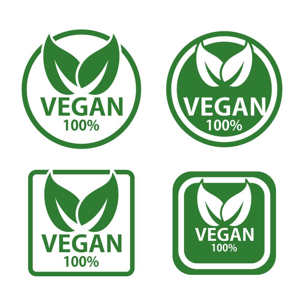 Vector vegan icon set vegan logos and badges, label, green leaf on white background illustration.