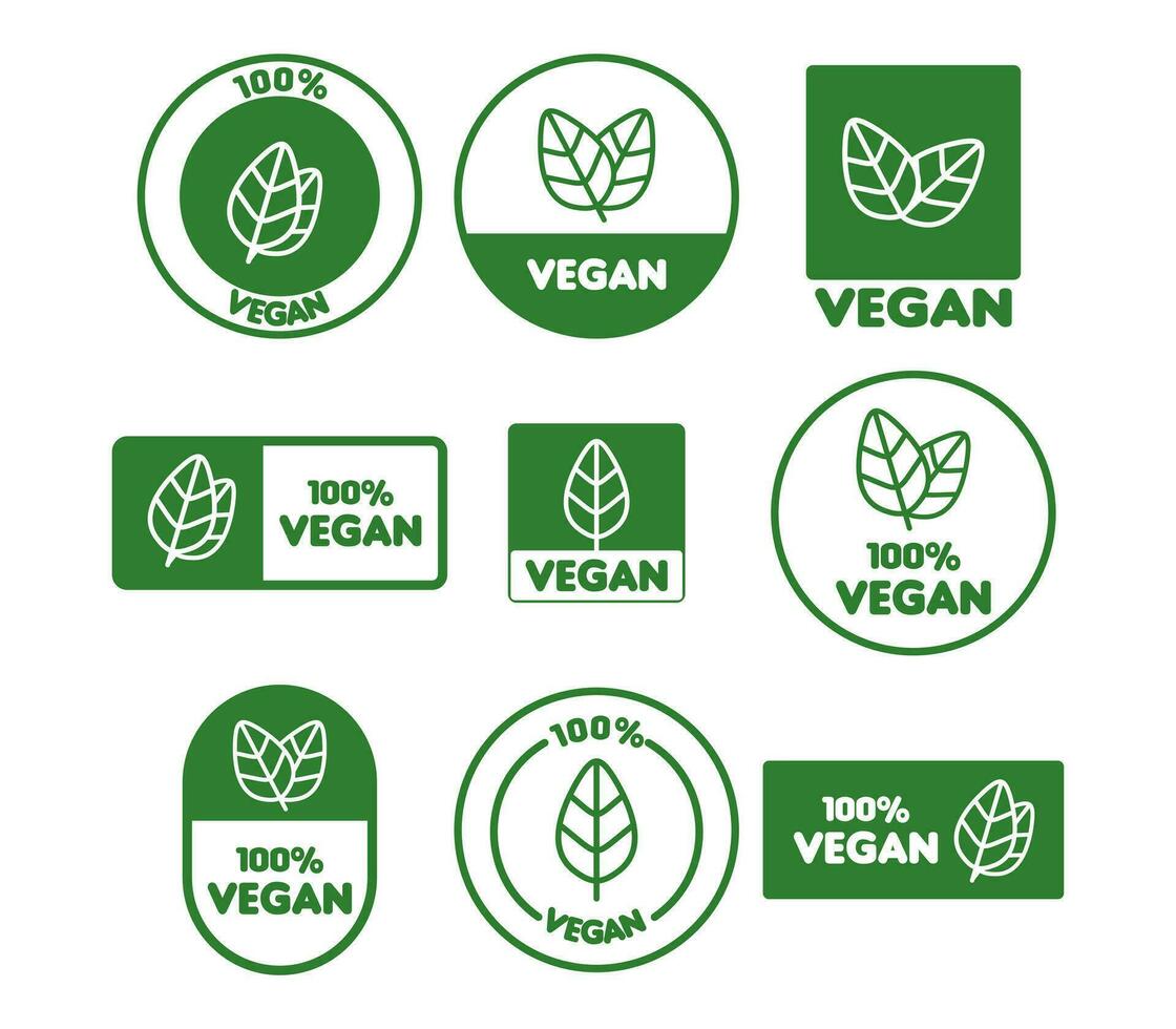Vector vegan icon set vegan logos and badges, label, green leaf on white background illustration.