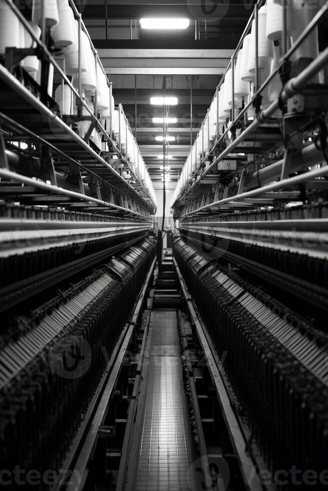 Modern textile factory with automated looms weaving patterns photo