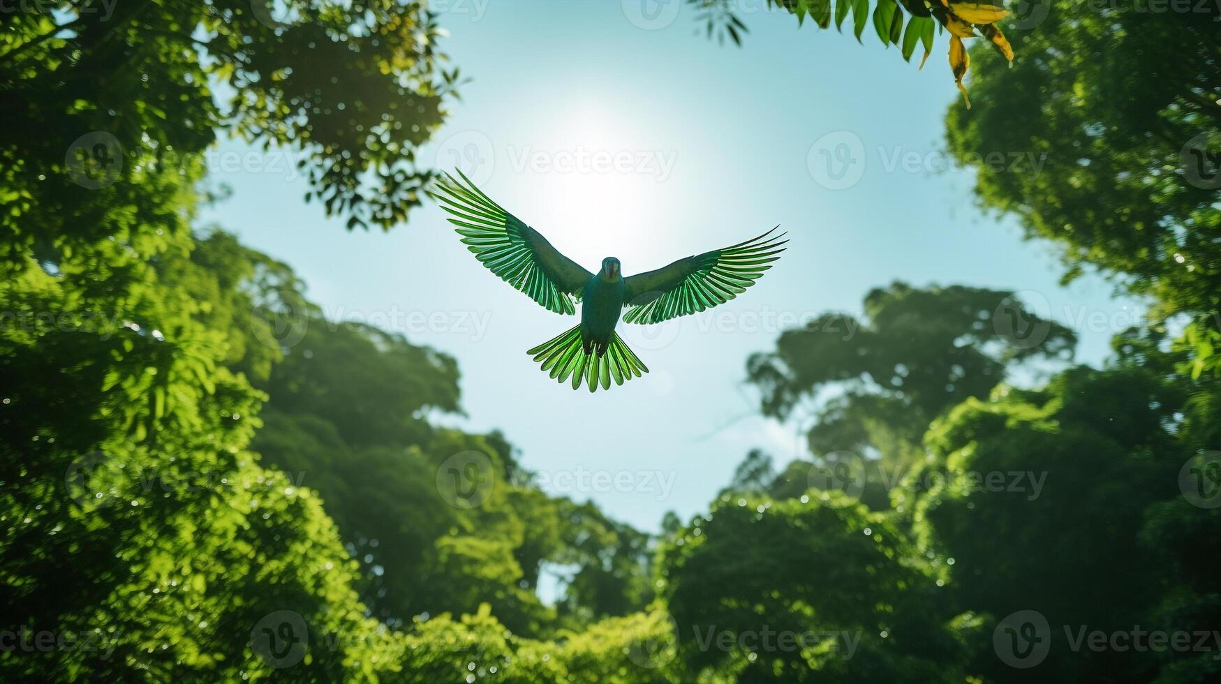 Dense, emerald-green jungle scene with a vibrant parrot flying amidst the foliage photo