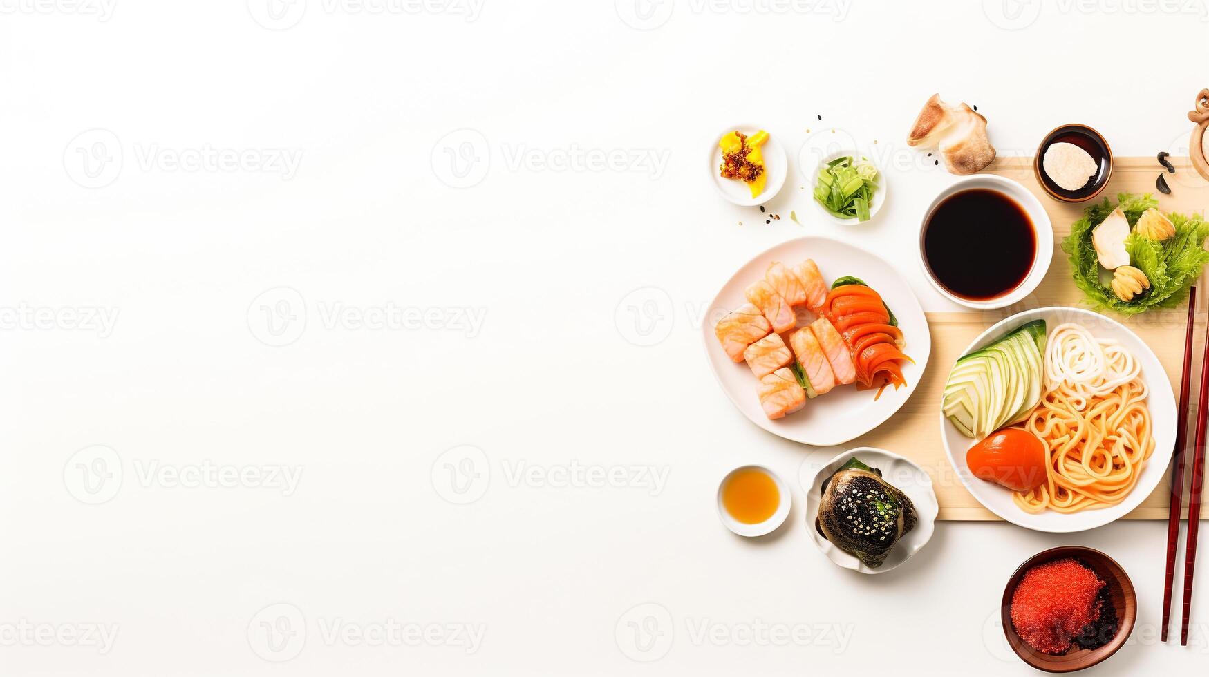 Top view of a simple Asian meal ramen dumplings and sushi illustrating diverse flavors photo