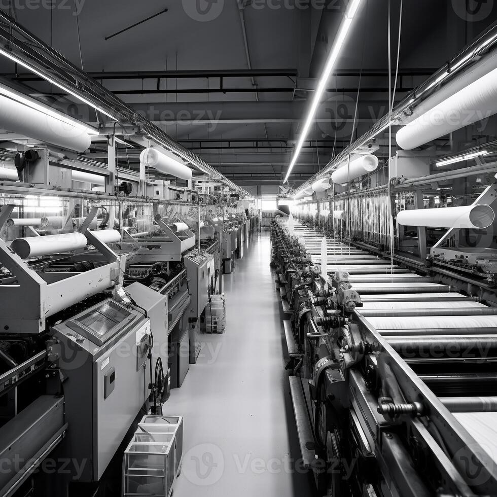 Modern textile factory with automated looms weaving patterns AI Generative photo