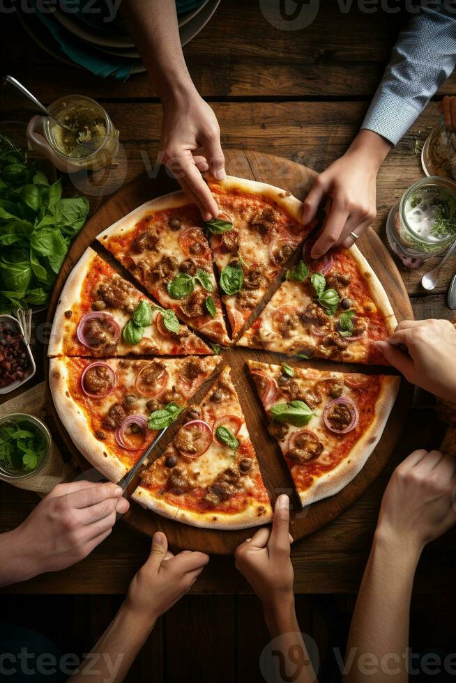 Overhead shot of shared pizza depicting culinary delight and community AI Generative photo
