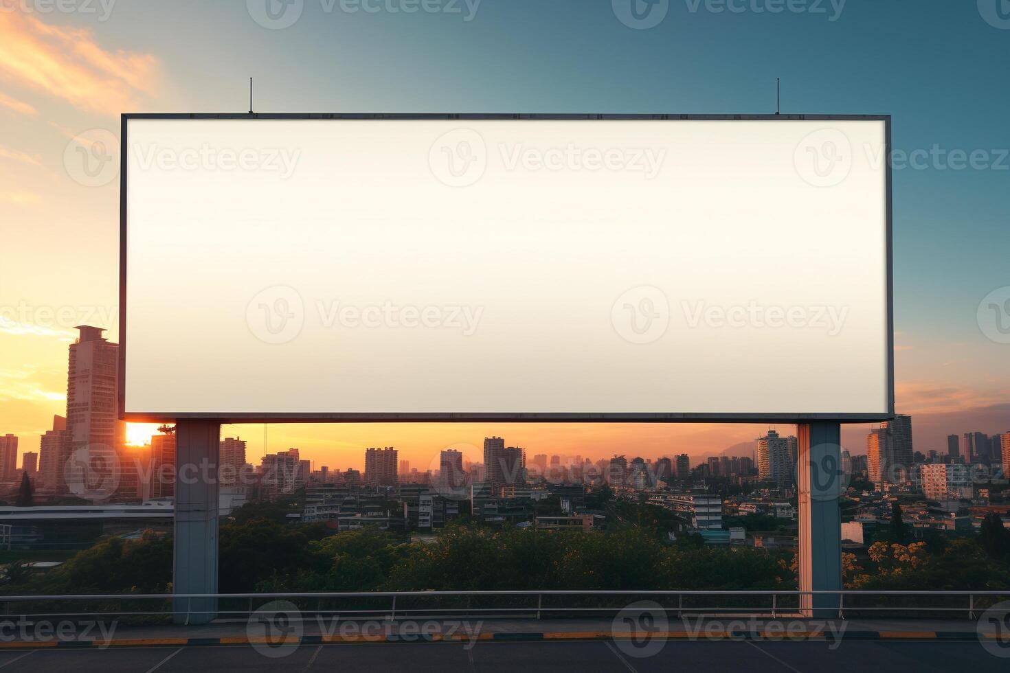 Vibrant sunset forming a fiery backdrop for a blank billboard frame, perfect for bold advertising photo