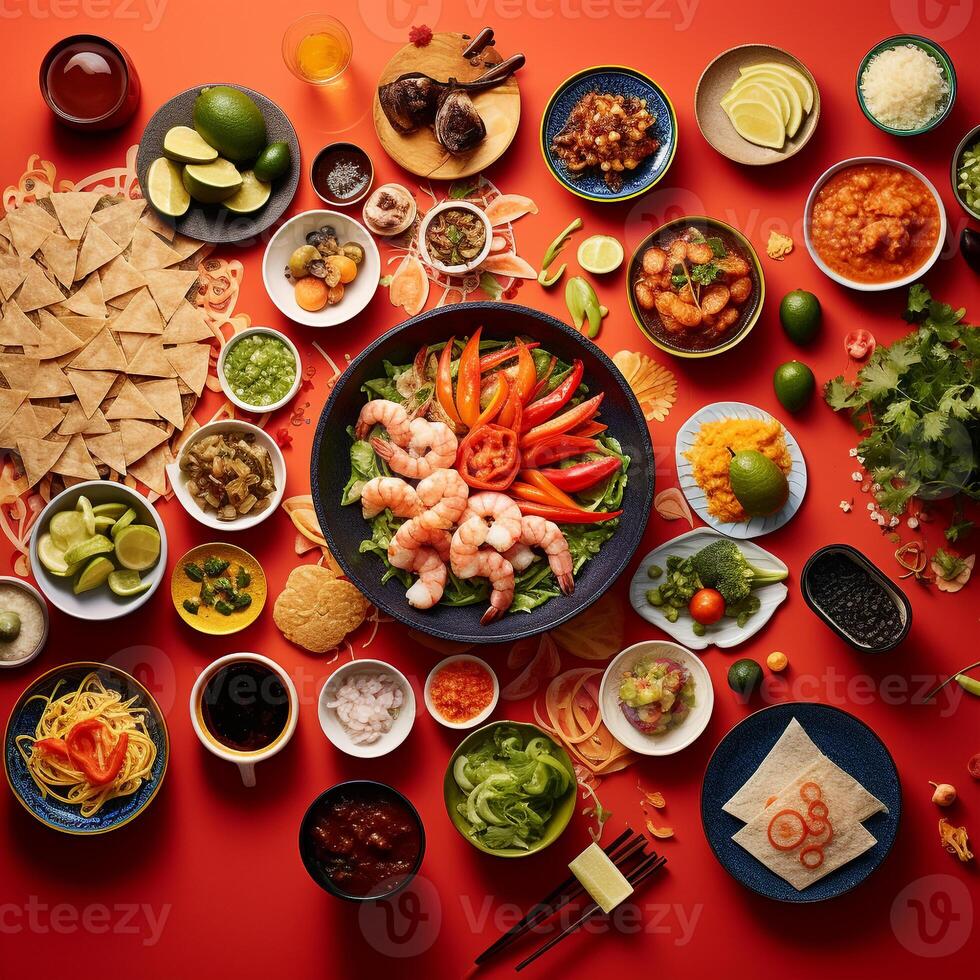 Overhead snapshot of international cuisine sushi pasta and tacos on a colorful tablecloth AI Generative photo