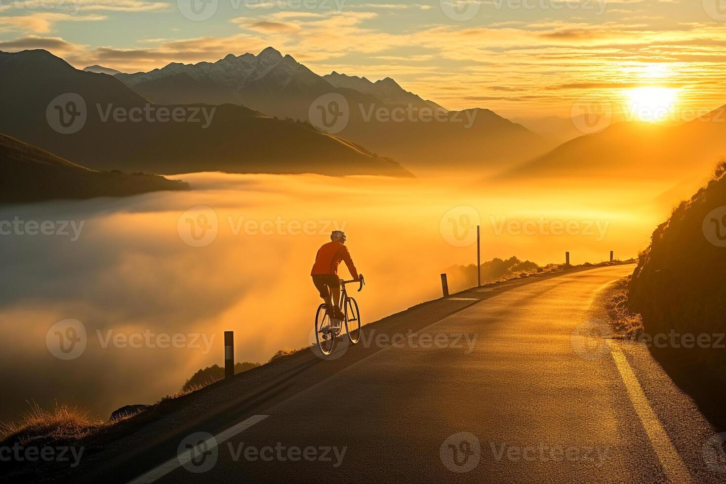 An Early Morning Ride - The Cyclist's Adventure Through a Mountain Pass AI Generative photo