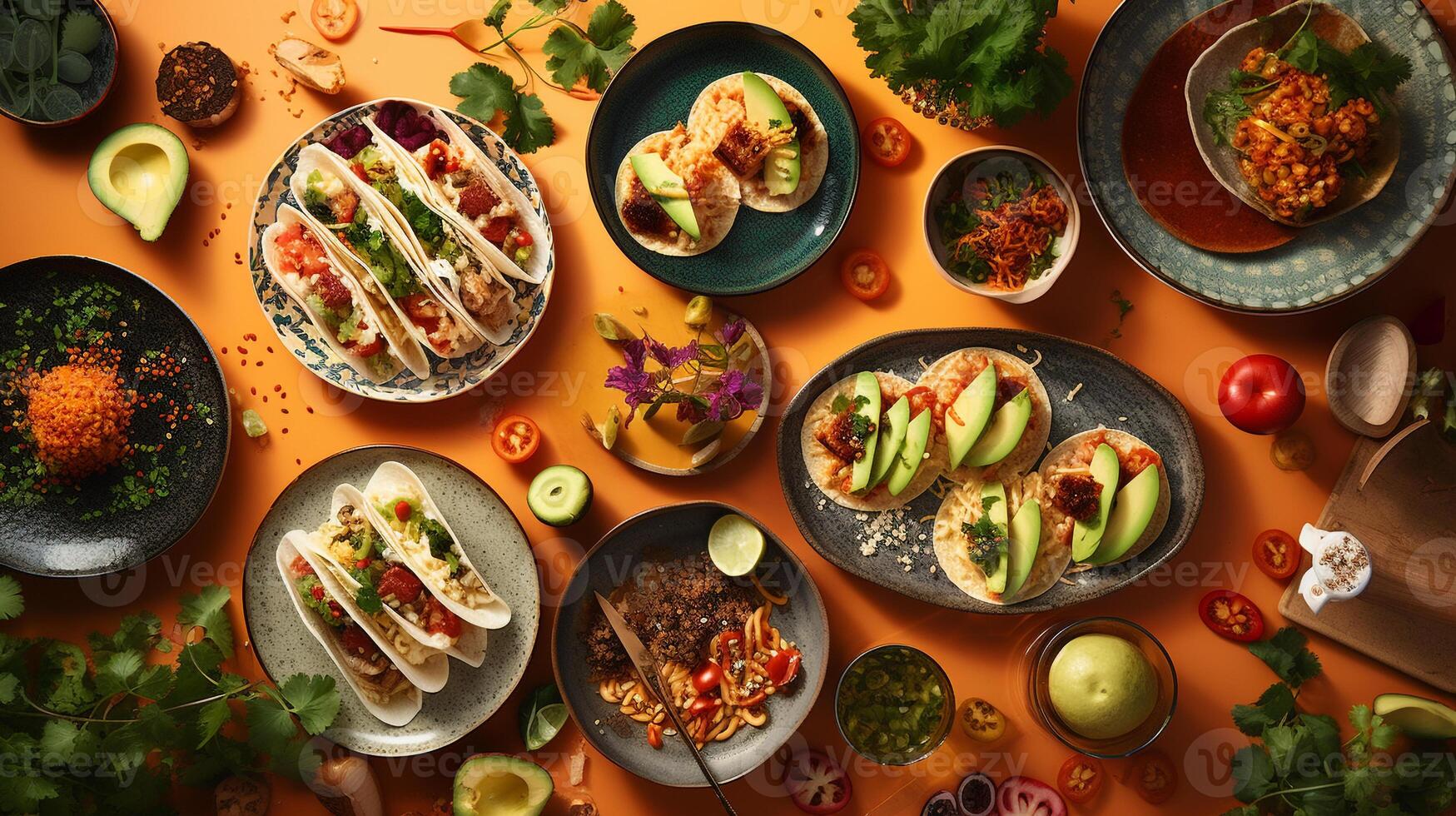 Overhead snapshot of international cuisine sushi pasta and tacos on a colorful tablecloth photo