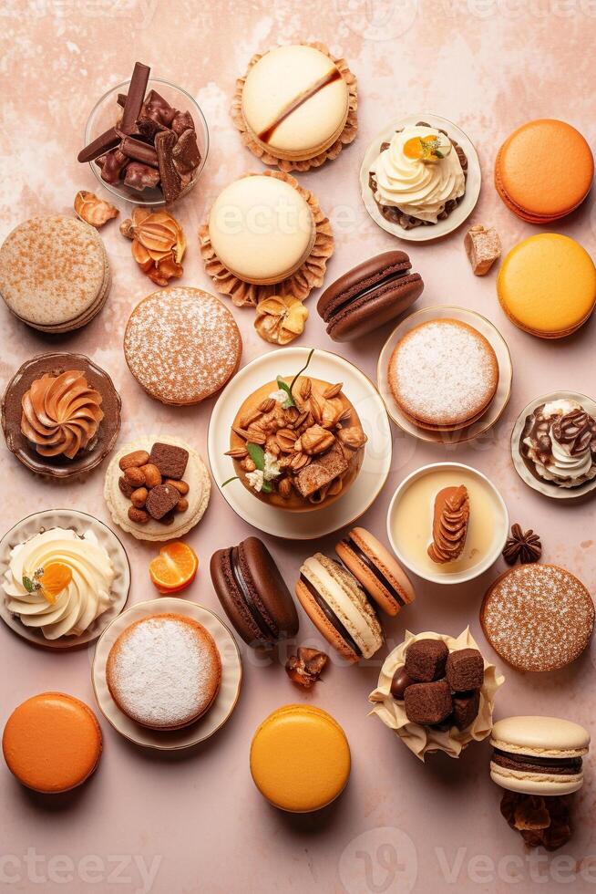 Global dessert medley a captivating flat-lay of tiramisu macarons and baklava photo