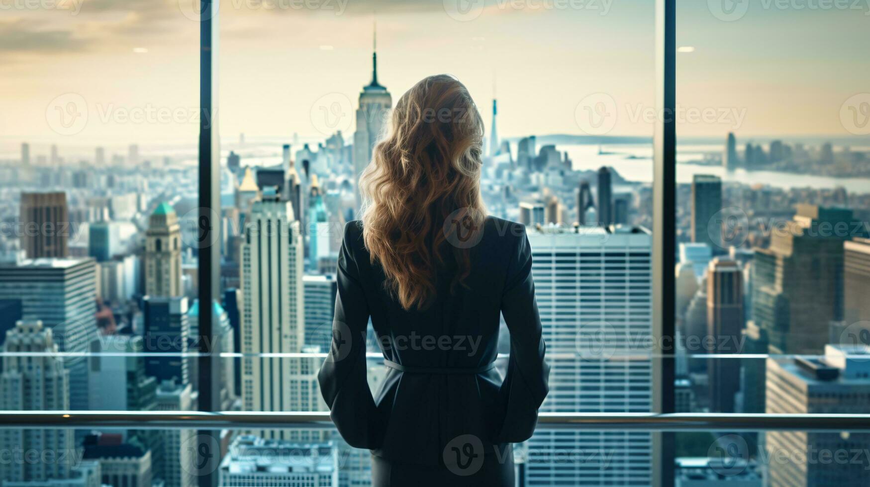 Backshot of a female leader against a panoramic window and expansive cityscape with ample copyspace AI Generative photo