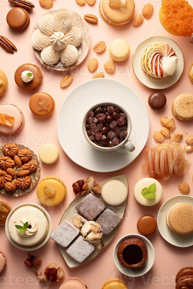 Global dessert medley a captivating flat-lay of tiramisu macarons and baklava AI Generative photo