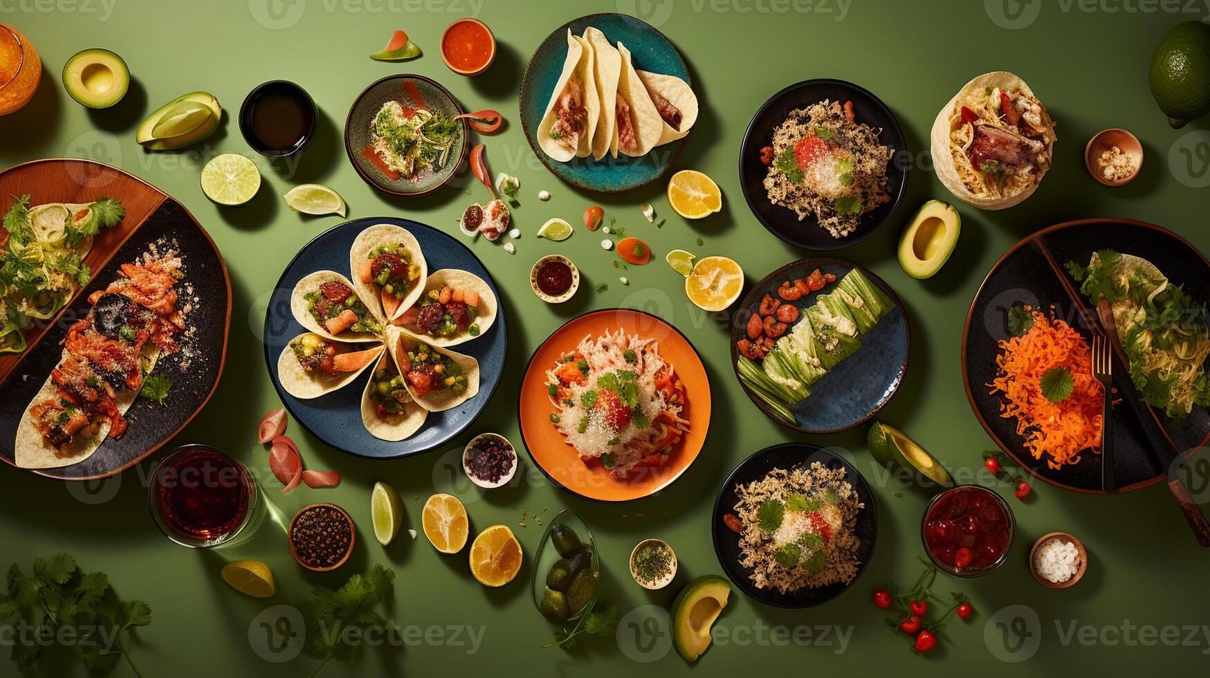 Overhead snapshot of international cuisine sushi pasta and tacos on a colorful tablecloth AI Generative photo