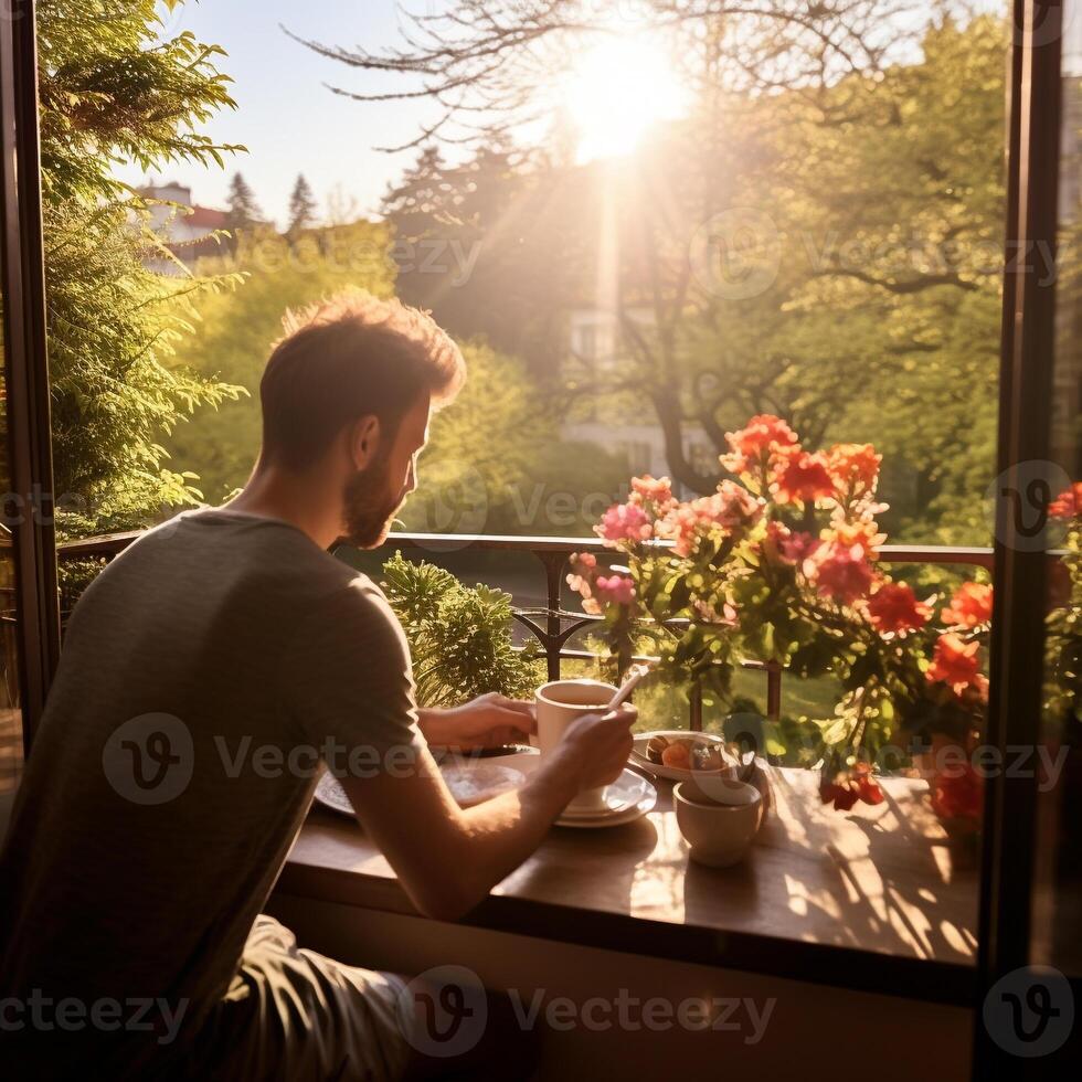 Man embracing a serene morning routine on a sunlit balcony overlooking a vibrant spring garden AI Generative photo