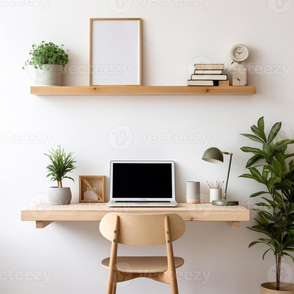 Minimalist and modern home office setup featuring a sleek wooden desk and inspirational wall quote photo
