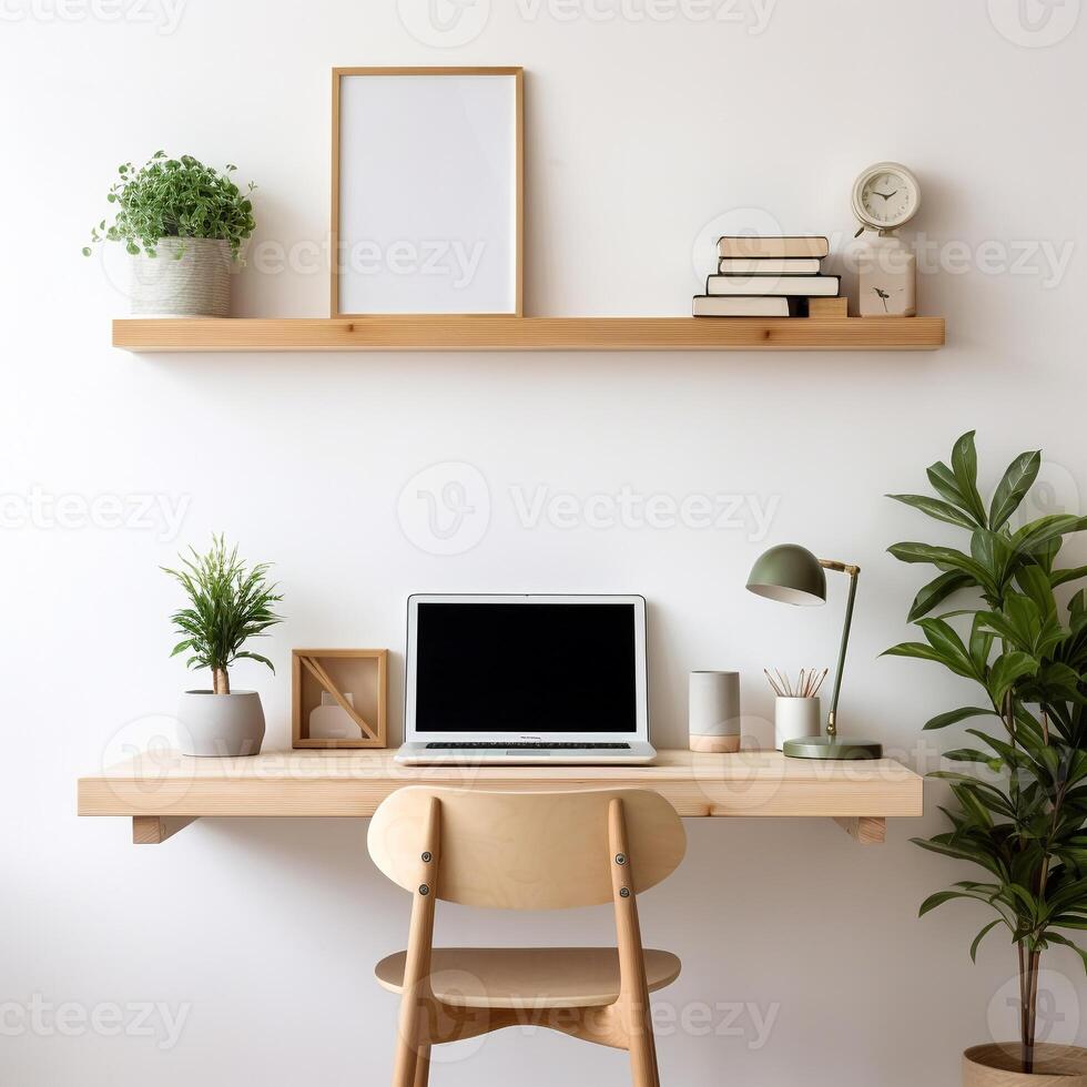 minimalista y moderno hogar oficina preparar presentando un pulcro de madera escritorio y inspirador pared citar ai generativo foto