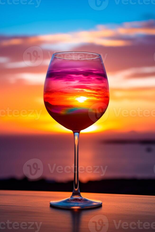 Breathtaking Sunset View with a Colorful Layered Cocktail Glass Offering Copy Space photo