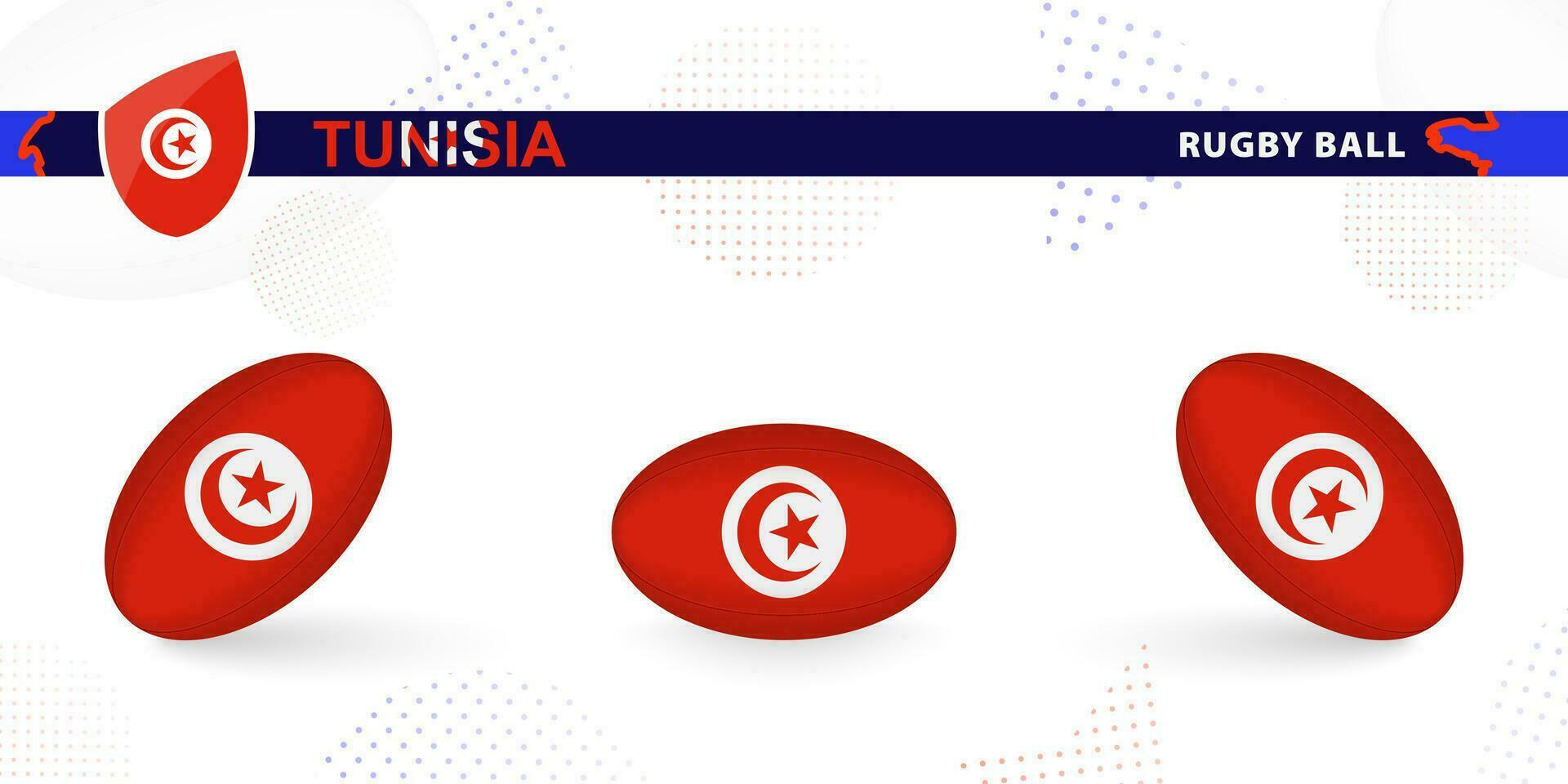 Rugby ball set with the flag of Tunisia in various angles on abstract background. vector