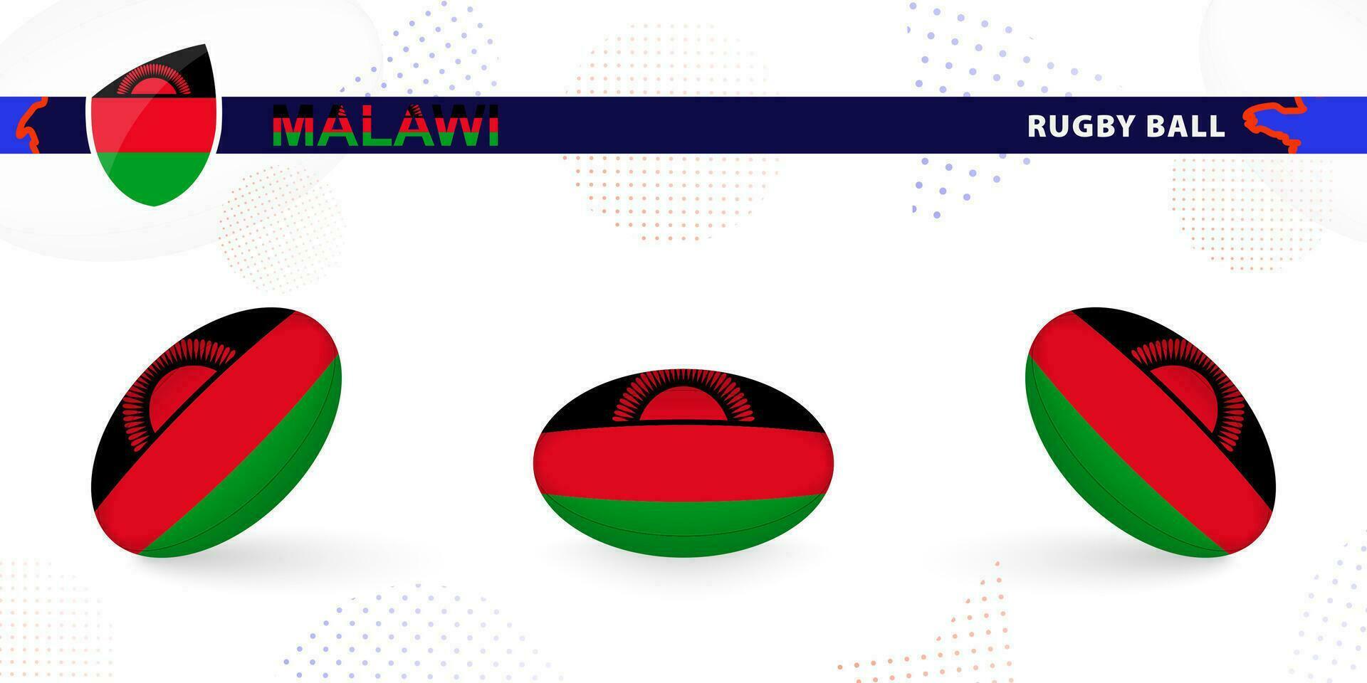 Rugby ball set with the flag of Malawi in various angles on abstract background. vector