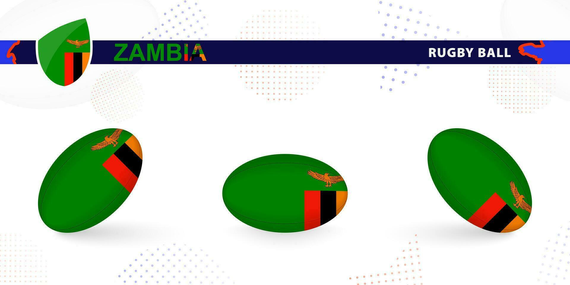 Rugby ball set with the flag of Zambia in various angles on abstract background. vector