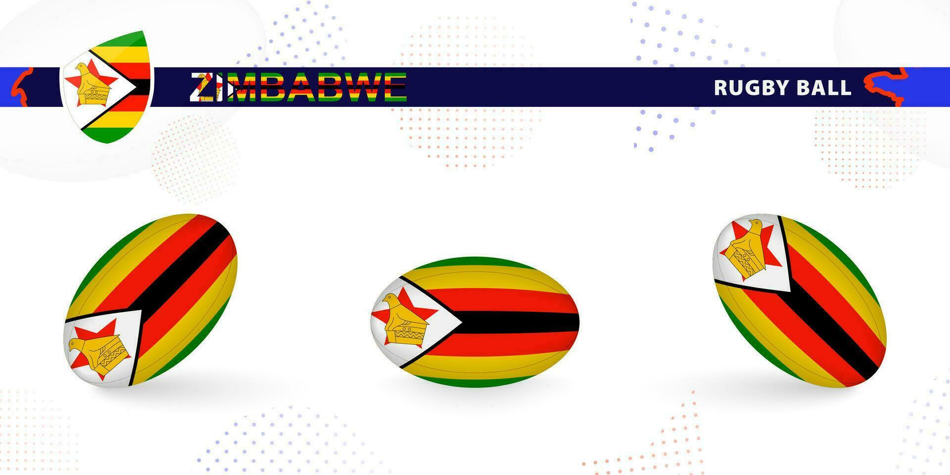 Rugby ball set with the flag of Zimbabwe in various angles on abstract background. vector
