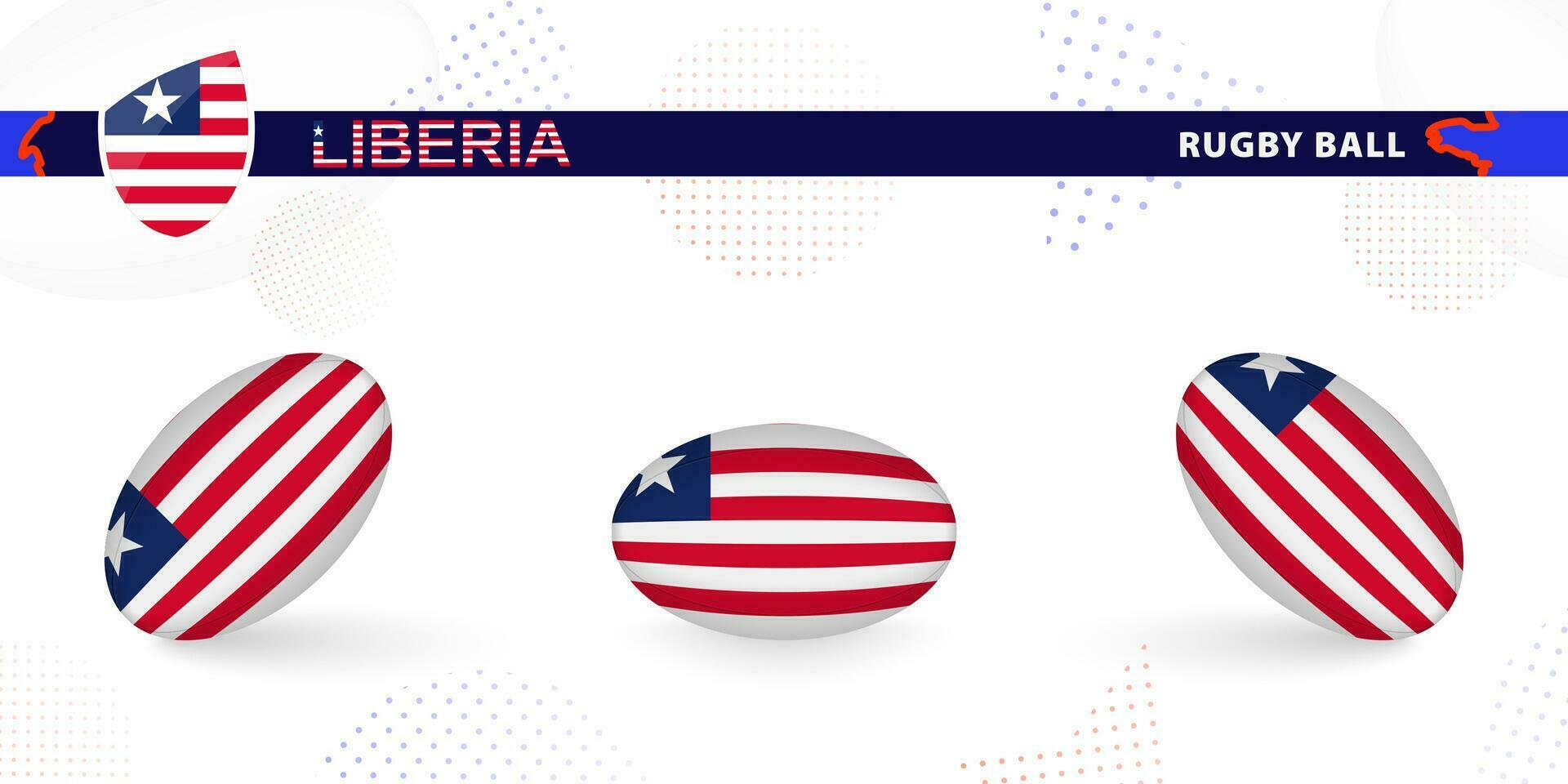 Rugby ball set with the flag of Liberia in various angles on abstract background. vector