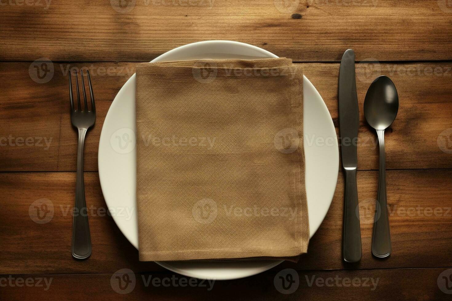 a napkin on white plate with knife folk and spoon on wooden background generative AI photo