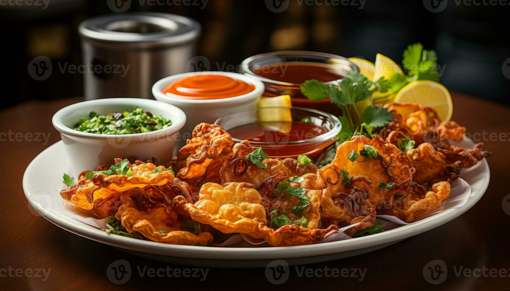 crunchy Pakora with chutney on white plate generative AI photo