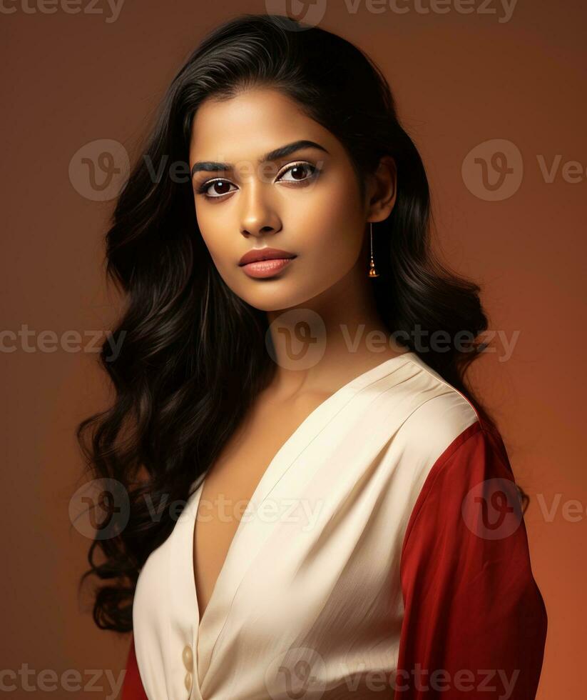 young woman wearing dress on dark background generative AI photo