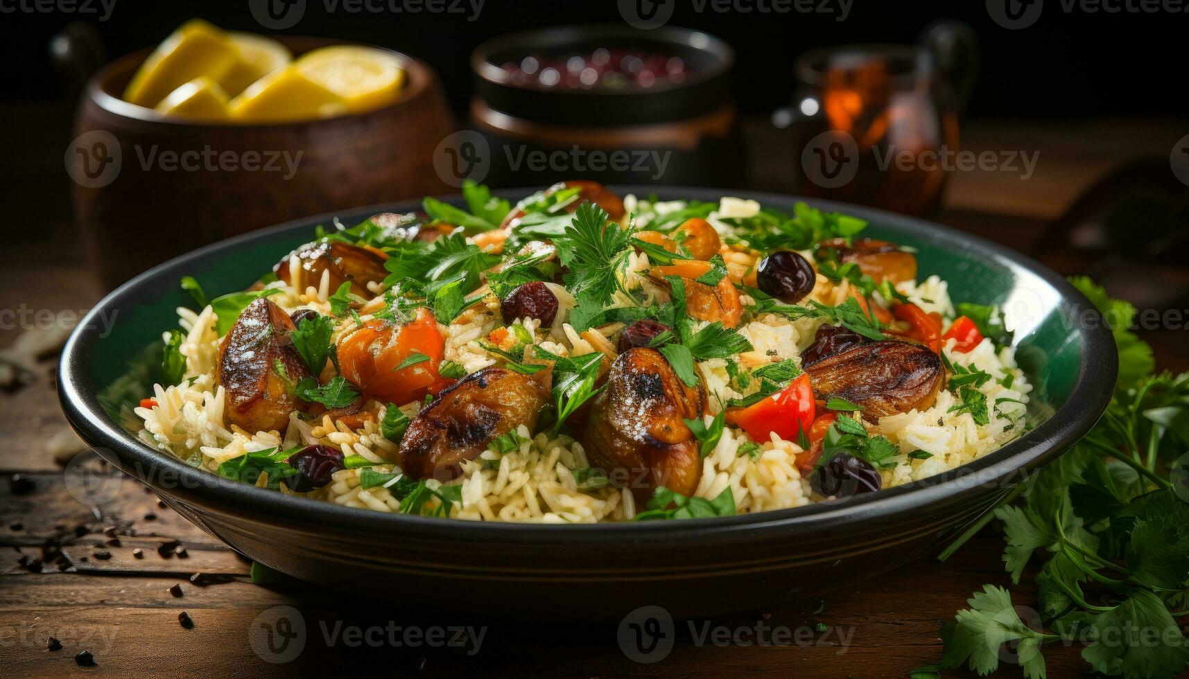 pilaf on black bowl generative AI photo