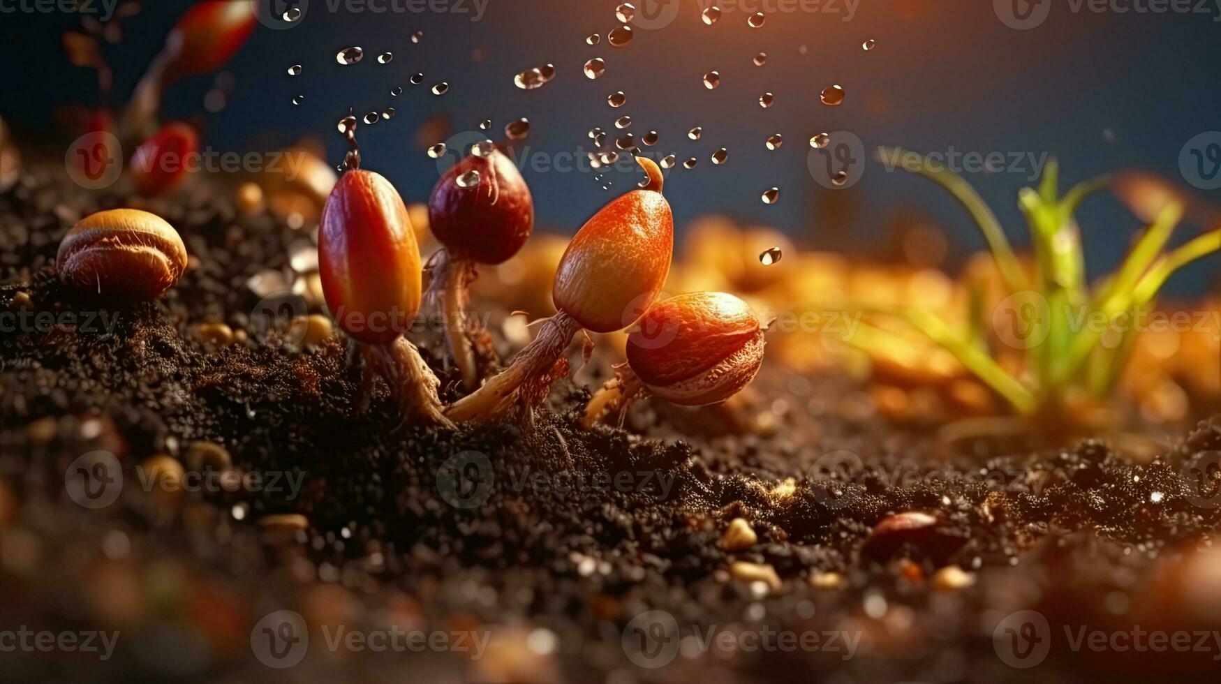 germinando semillas de vegetal en el tierra en varios estaciones, ai generado foto