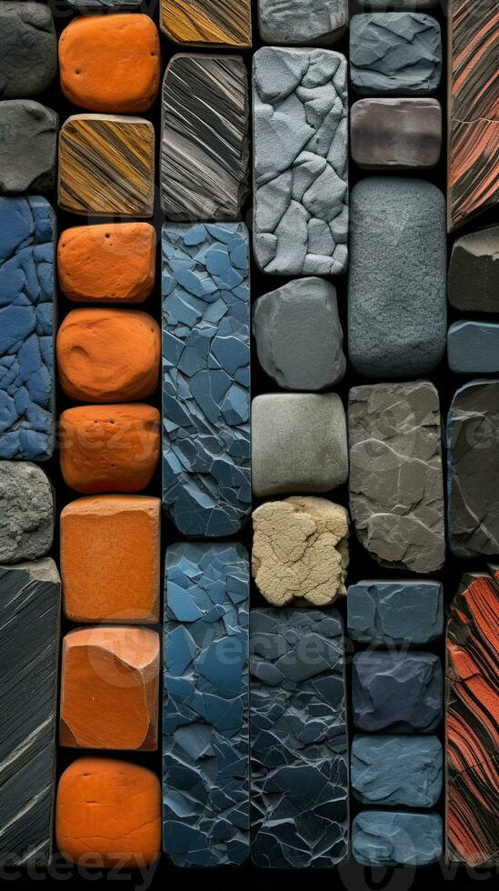 A collection of different colored stones including one that is made of stone photo