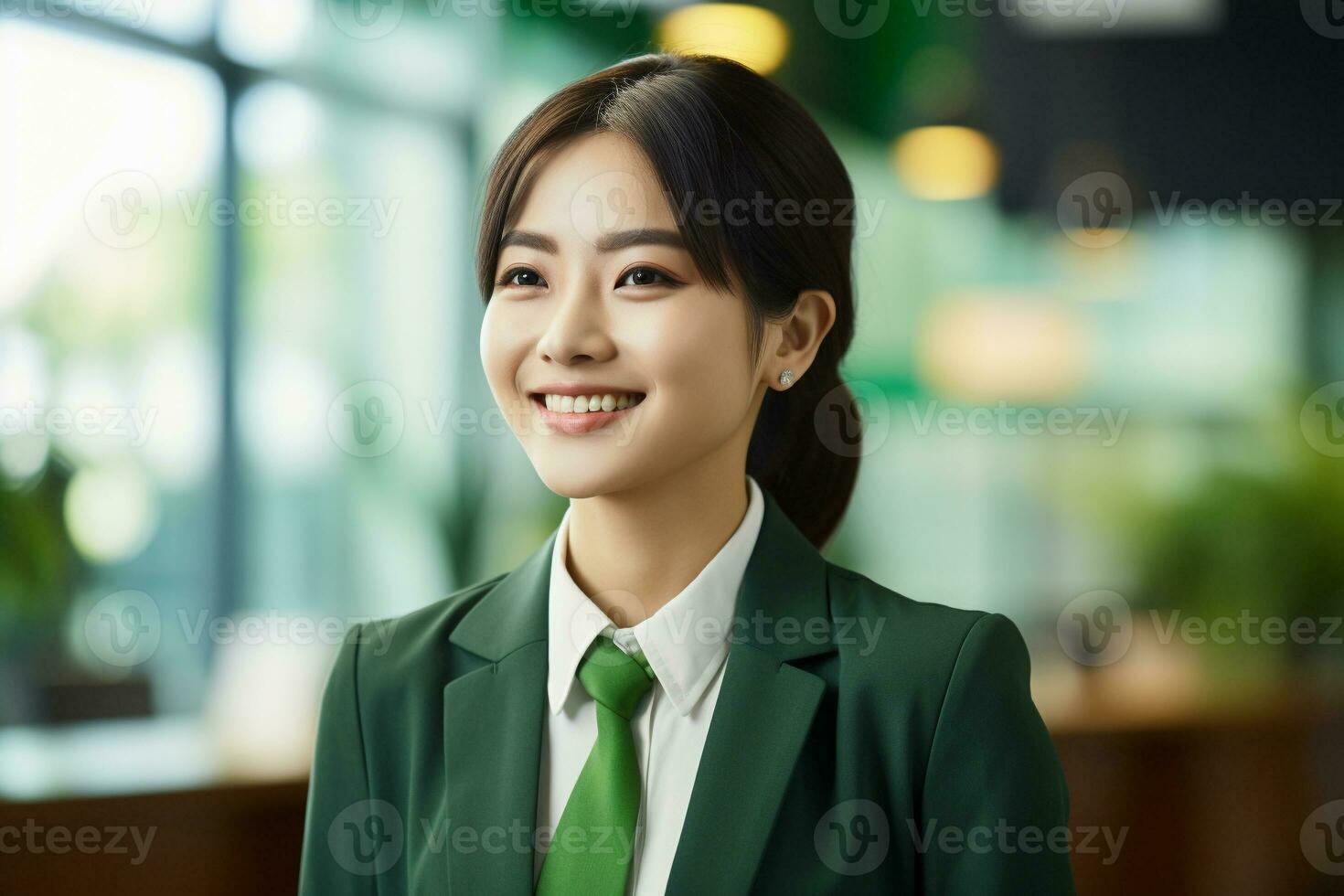 a young Japanese office lady smiling in green office cloth stands in office generative AI photo