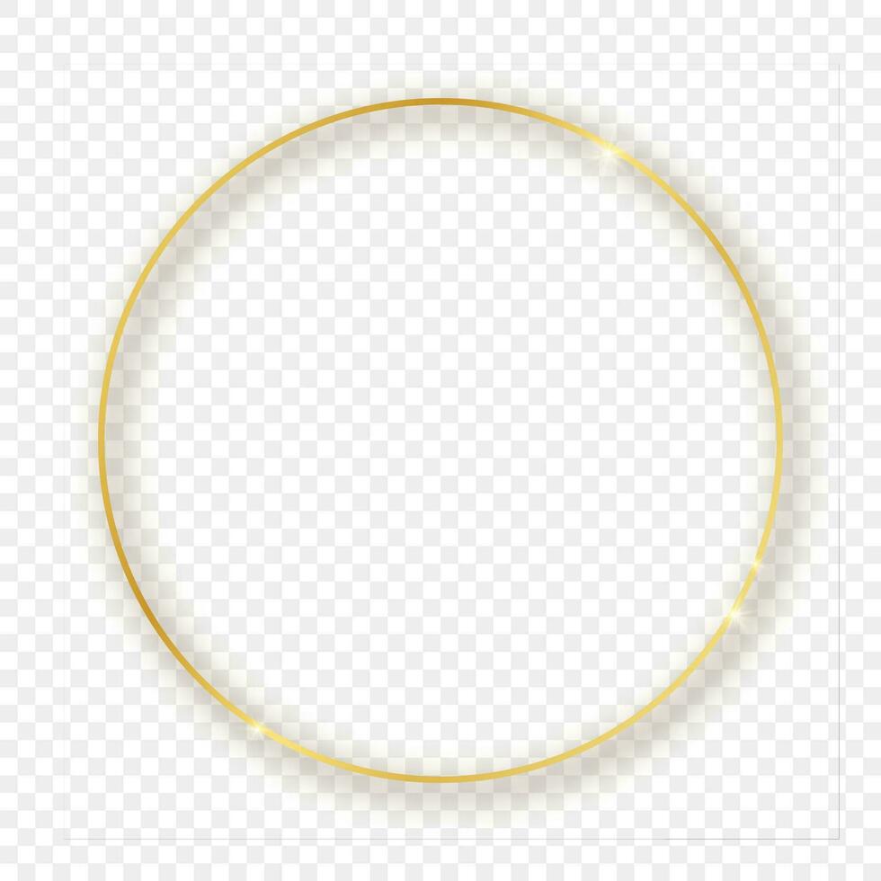 Gold glowing circle frame with shadow isolated on background. Shiny frame with glowing effects. Vector illustration.