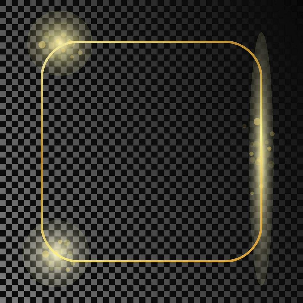 Gold glowing rounded square frame isolated on dark background. Shiny frame with glowing effects. Vector illustration.