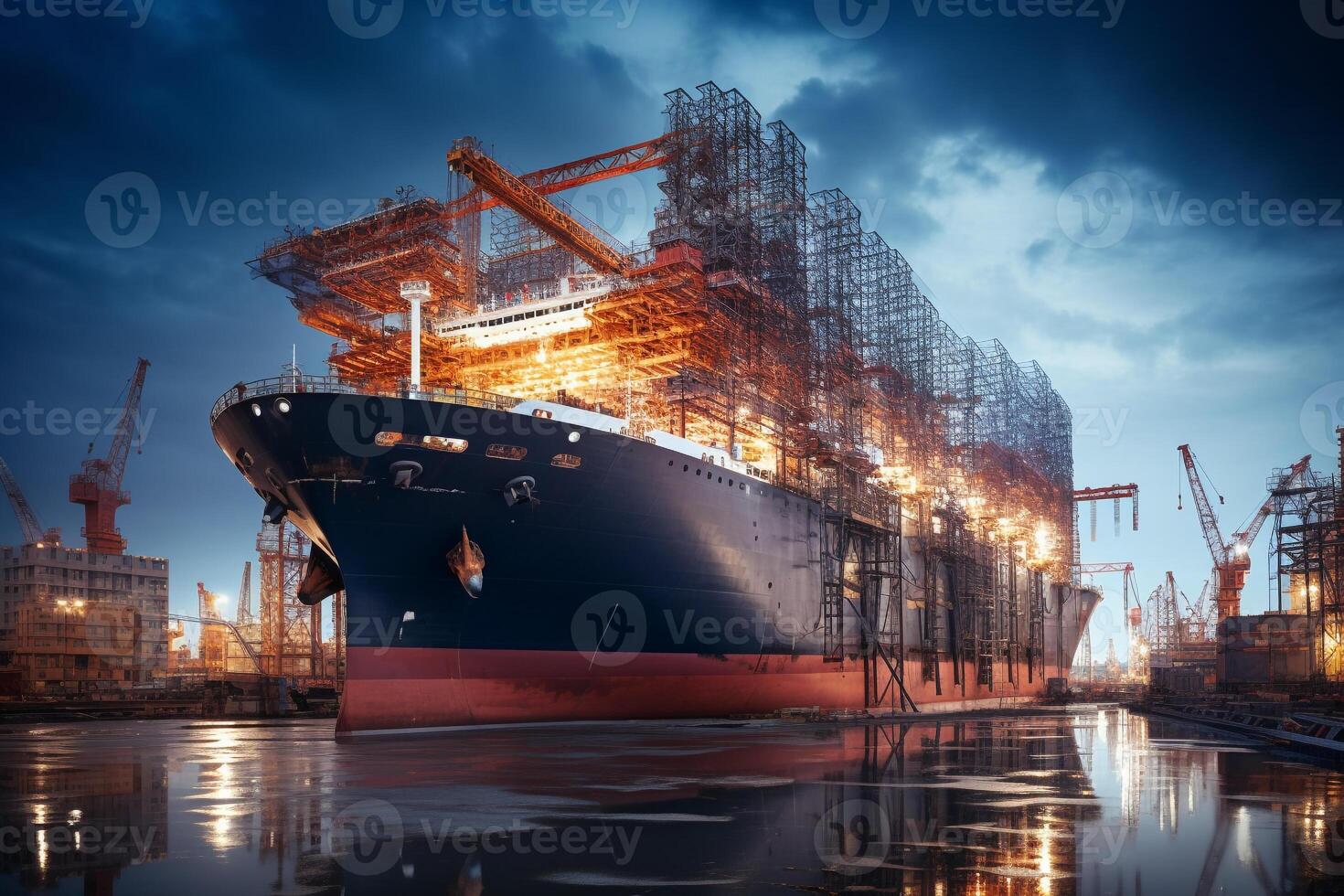 Twilight capture of a massive cargo ship under construction in dry dock photo