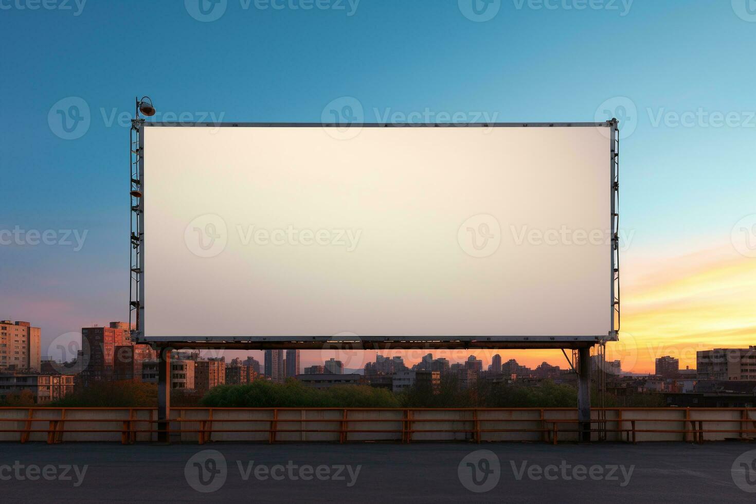 Vibrant sunset forming a fiery backdrop for a blank billboard frame, perfect for bold advertising AI Generative photo