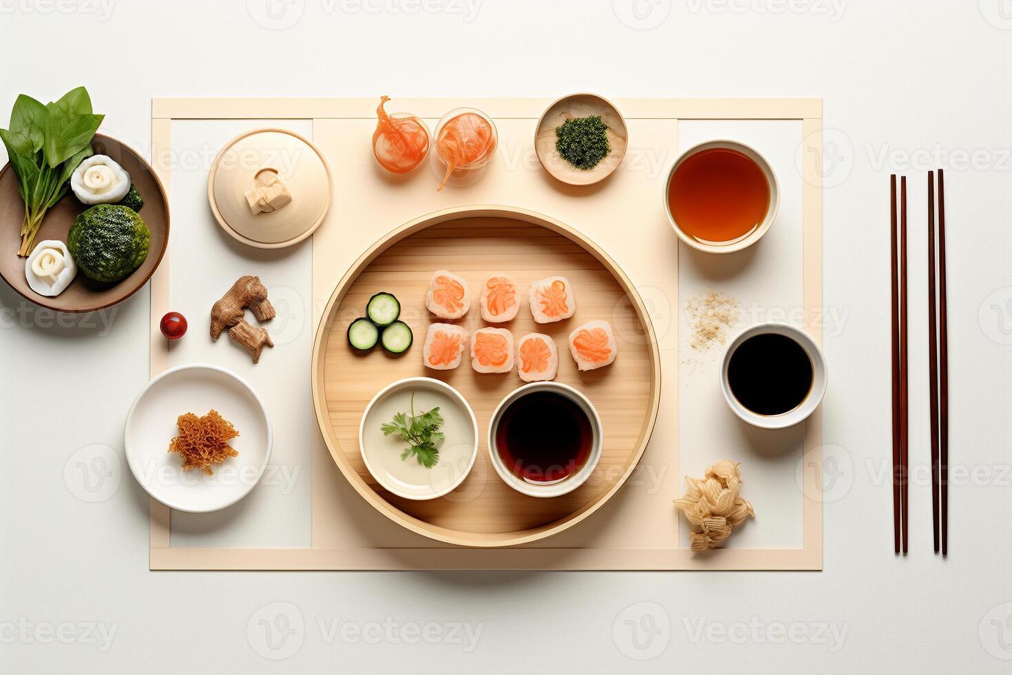 Top view of a simple Asian meal ramen dumplings and sushi illustrating diverse flavors AI Generative photo