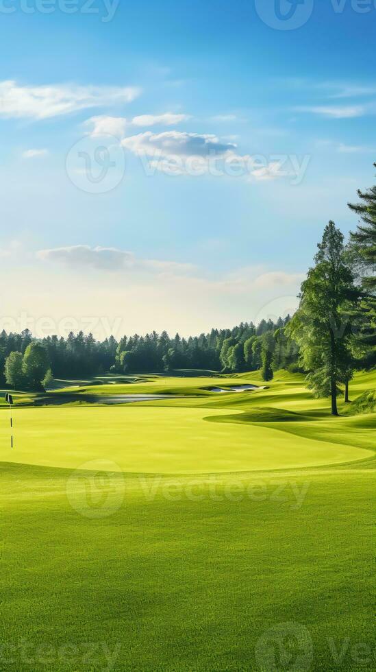 Celebrate the Radiant Beauty of a Well-Maintained Golf Course under a Dreamy Sky AI Generative photo