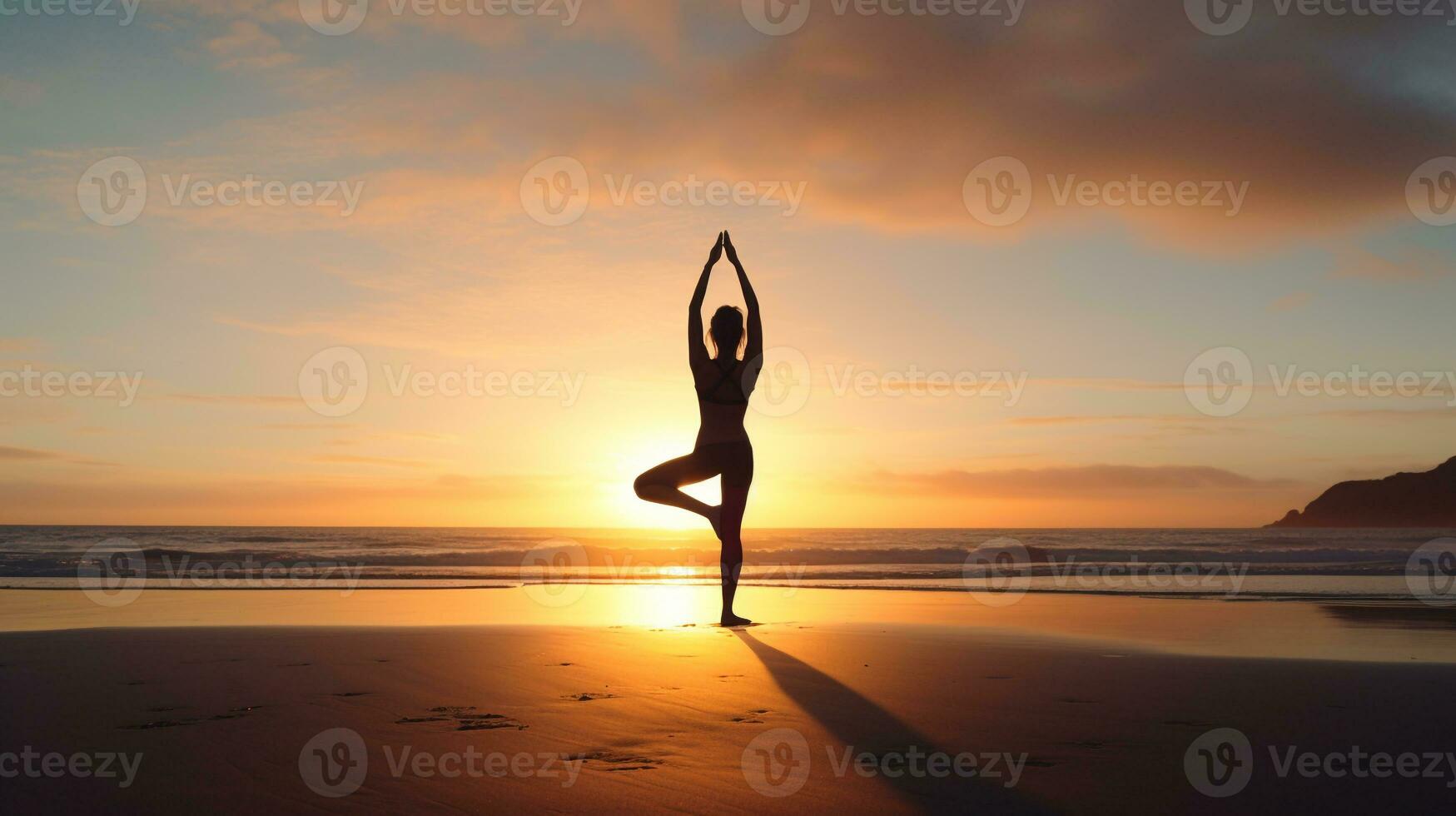 joven mujer practicando yoga en un playa a amanecer con un claro cielo para amplio Copiar espacio ai generativo foto