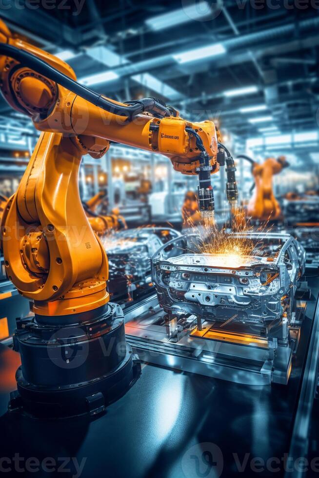 Vibrant display of intricate machinery on a modern, automated factory floor photo