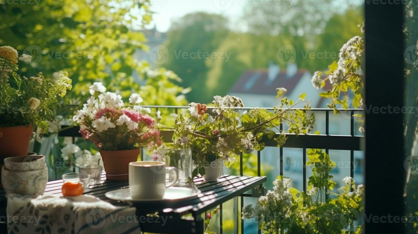 hombre abrazando un sereno Mañana rutina en un iluminado por el sol balcón con vista a un vibrante primavera jardín ai generativo foto