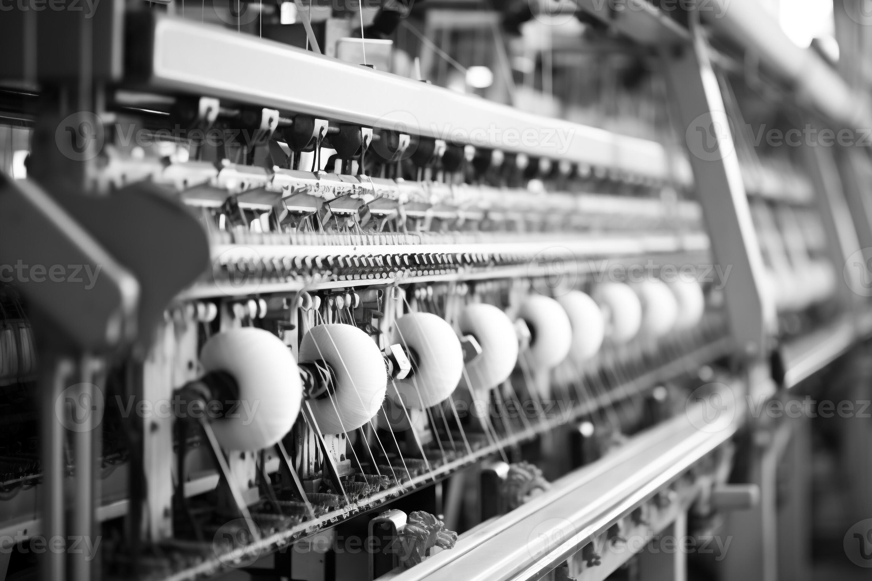 Modern textile factory with automated looms weaving patterns AI