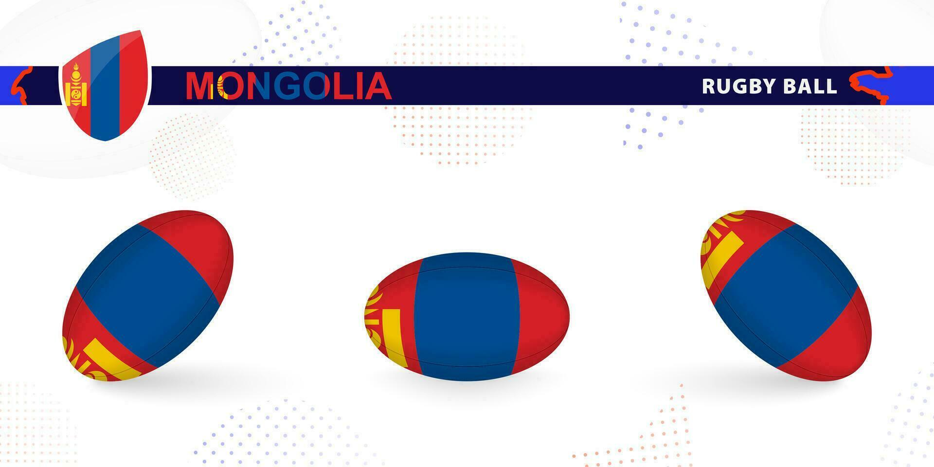 Rugby ball set with the flag of Mongolia in various angles on abstract background. vector