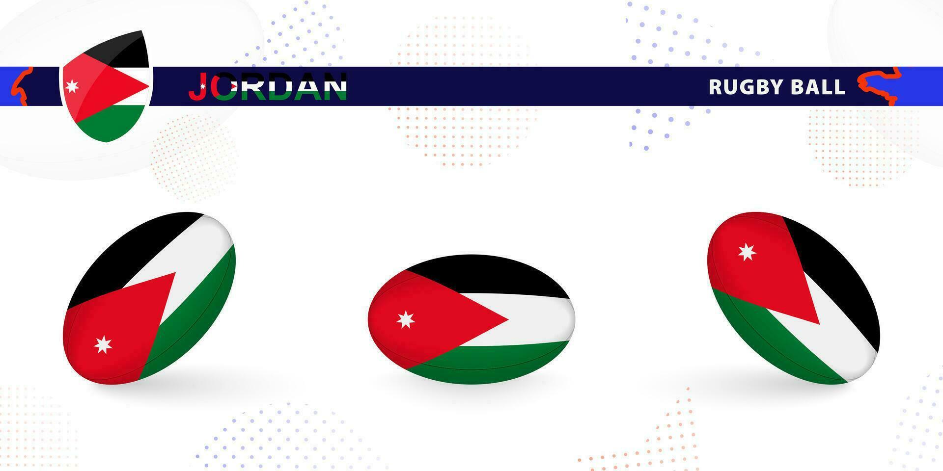 Rugby ball set with the flag of Jordan in various angles on abstract background. vector
