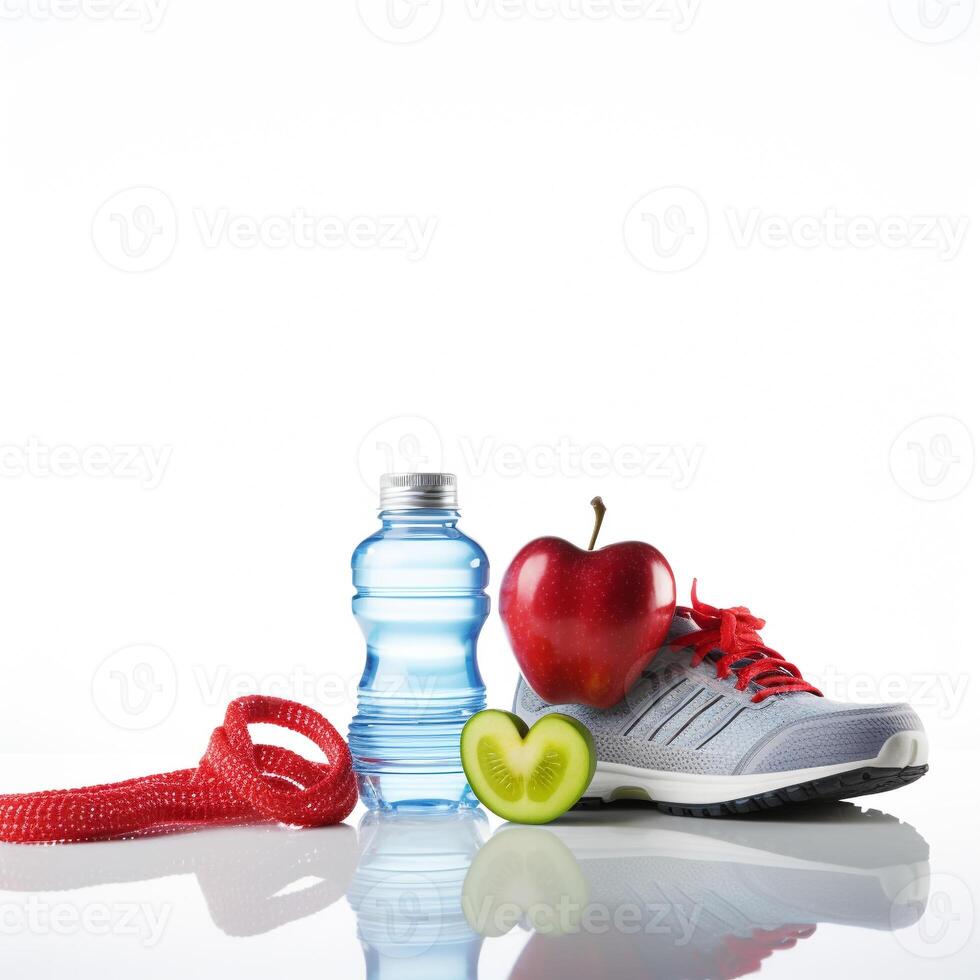 Conceptual health and lifestyle image with running shoes, water bottle, and a heart-shaped measuring tape symbol AI Generative photo