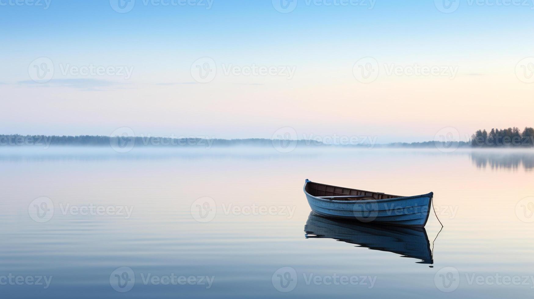 Peaceful dawn over a calm lake with a solitary rowing boat in the distance photo