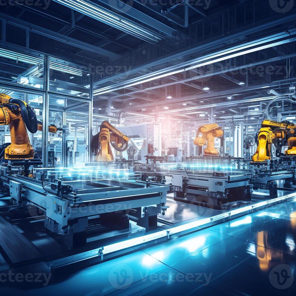 Vibrant display of intricate machinery on a modern, automated factory floor photo
