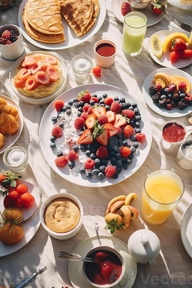 Inviting communal breakfast setting, photographed from above, illuminating the joy of sharing meals in the morning light photo